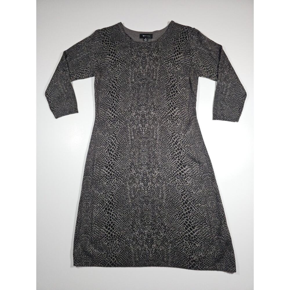 AB Studio Snakeskin Sweater Dress M Gray Black 3/4 Sleeves Knee Length
